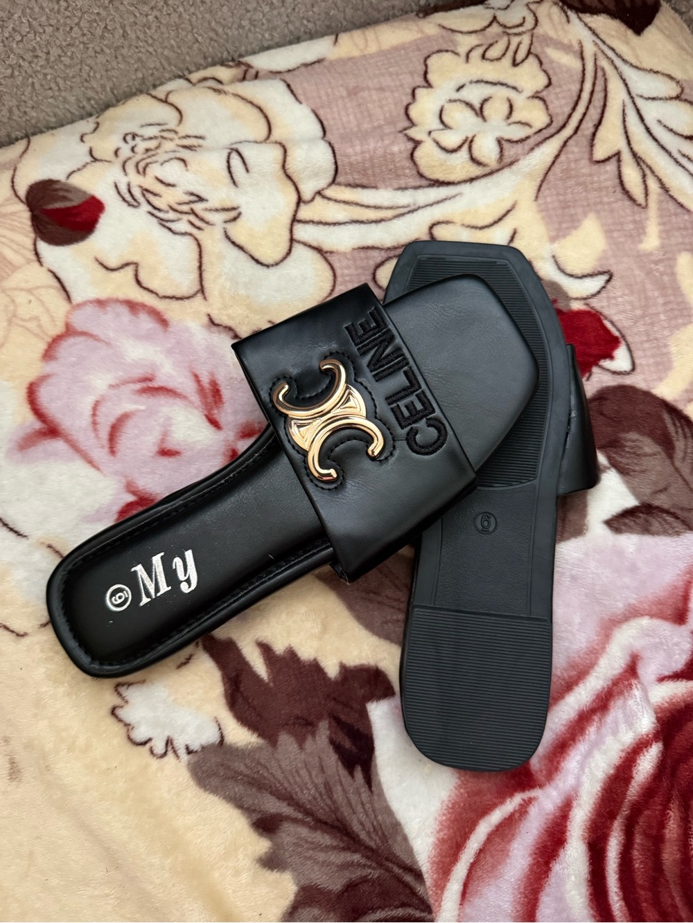 Celine Black Slide Sandals with Gold-Tone Emblem